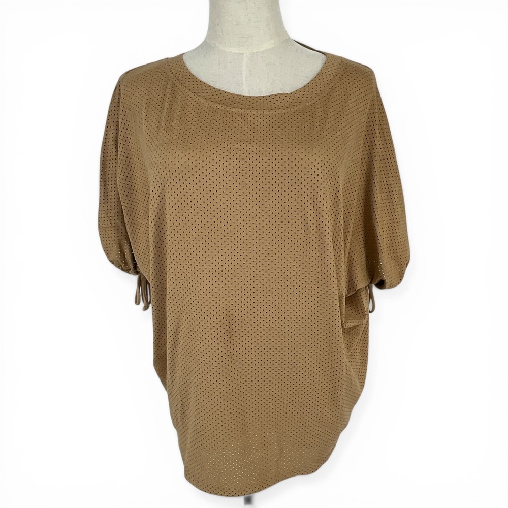 Zenergy‎ by Chicos Tan Perforated faux Suede Dolman Sleeve Top Sz 2 L US 12